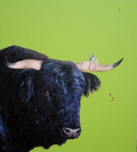 Frantic Exit bull painting by Merry Sparks
